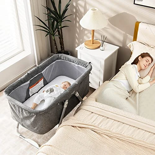 BABY JOY Bassinet, 2 In 1 Rocking Bassinet For Baby W/Detachable Curtain Cloth, Mattress, Breathable Mesh, Adjustable Height, Quick Folding Crib W/Travel Bag For Newborn Infants, Portable Bassinet - Image 2