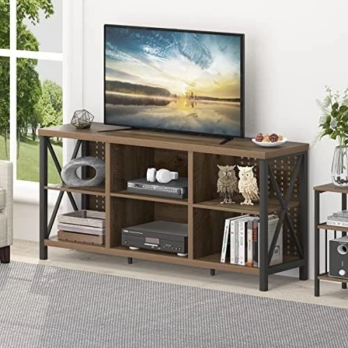 LVB Rustic Entertainment Center For 65 Inch TV, Industrial Wood And Metal TV Stand With Storage Shelf, Modern Television Media Console Table With Cabinet For Living Room Bedroom, Rustic Oak, 55 Inch - Image 9