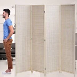Room Divider Privacy Screen Folding 4 Panel 72 Inches High Portable Room Seperating Divider, Handwork Bamboo Mesh Woven Design Room Divider Wall, Room Partitions And Dividers Freestanding, Natural
