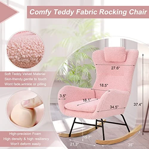 Kvutx Teddy Upholstered Nursery Rocking Chair - Comfy Pink Glider Rocker With Padded Seat, High Backrest, And Armrests For Living Room Bedroom Offices (Pink) - Image 2