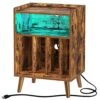 Rolanstar End Table With Charging Station, Record Player Stand With LED Lights, Nightstand With Storage Shelf, Mid-Century Record Storage, For Living Room,Bedroom - Rustic Brown