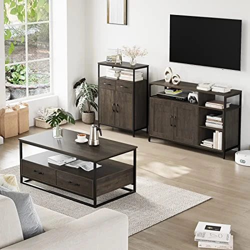 HITHOS Kitchen Buffet Cabinet, Accent Sideboard Buffet With Storage, Wood Floor Storage Cabinet With Doors And Shelves, Industrial Living Room Dining Room Furniture, Dark Brown - Image 4