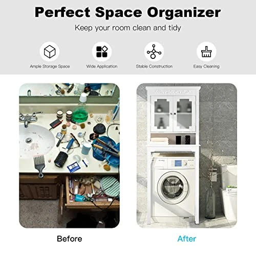 GENERIC Hysache Over The Toilet Storage, 3-Shelf Bathroom Space Saver W/Adjustable Partition, 2 Tempered Glass Door, Sturdy Bottom Stabilizer Bar& Anti-toppling Device, Free Standing Rack, White (HW66962) - Image 4