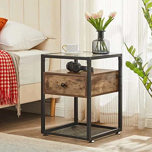 VECELO End Tables,Glass Top Nightstands With Drawer And Metal Frame,Set Of 2 For Living Room,Bedroom,Lounge,2 Set, Antique Brown - Image 3