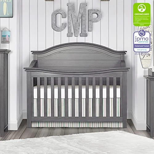Evolur Belmar Curve 5-in-1 Convertible Crib In Rustic Grey, Greenguard Gold Certified, Features 3 Mattress Height Settings, Crafted From Hardwood, Wooden Nursery Furniture - Image 2