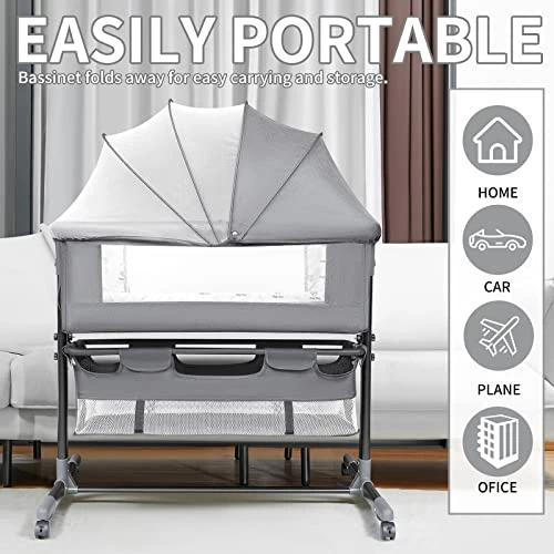 YADAQE Baby Bassinet With Mosquito Net Crib Head Sleeper, Easy To Fold Portable Crib, Quick Assembly Baby Bassinet Can Safely Sleep With (Gray) - Image 2