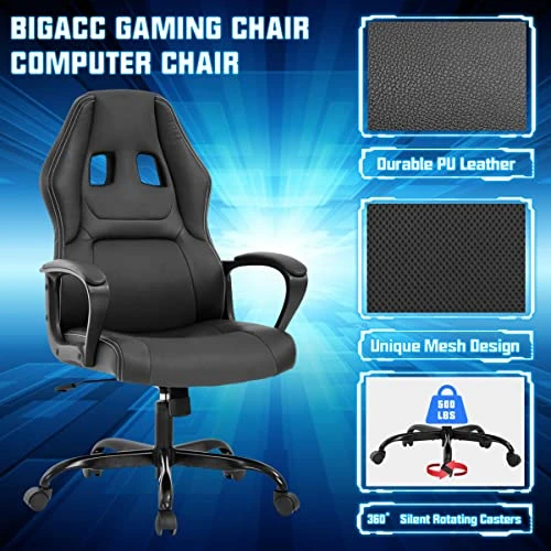 Gaming Chair PC Computer Chair Office Chair For Adult Teen Kids, Ergonomic PU Leather Gamer Chair With Lumbar Support High Back Adjustable Rolling Swivel Desk Chair, Black - Image 3