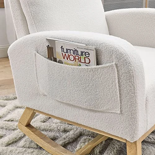 JEEOHEY Nursery Rocking Chair, Modern Upholstered Teddy Fabric Rocker Glider Chairs Single Sofa Chair With Solid Wood Legs, Side Pockets, White - Image 5