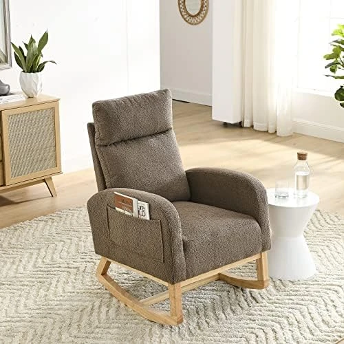 Nursery Rocking Glider Chair, Modern Fabric Tall Back Accent Rocker Chair Upholstered Arm Chair W/Side Pockets, Modern Leisure Single Sofa For Living Room, Hotel, Bedroom, Office, Beige - Image 7