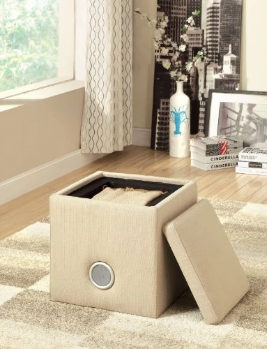 Furniture Of America Uptempo Padded Flax Storage Ottoman With Bluetooth Speakers, Ivory - Image 2