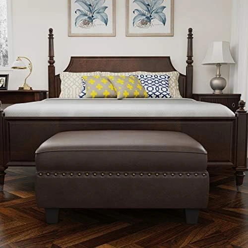 HONBAY Faux Leather Rectangle Bench With Storage Ottoman For Bedroom Upholstered Storage Bench Ottoman For Living Room (Brown Leather, Tray Ottoman) - Image 10