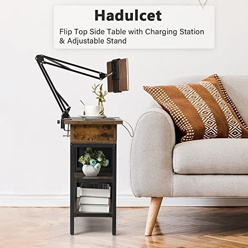 Hadulcet Side Table With Charging Station, Narrow Sofa End Table With Storage Shelf & Adjustable Stand Rustic Brown - Image 2
