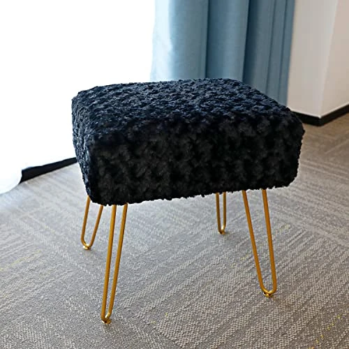 SCRIPTRACT Modern Mink Square Footstool Ottoman Bench Flower Pattern Furry Faux Fur Vanity Stool Chair With Golden Metal Leg For Vanity Entryway Bathroom Living Room Bedroom (Black Rose) - Image 3