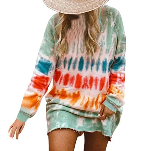 Franterd Women's Tie-Dye Sweatshirts Oversized Long Sleeve Crewneck Loose Casual Mini Dress - Image 2