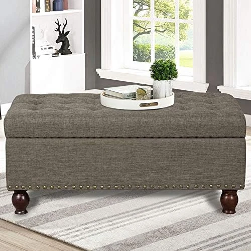 Asense Linen Fabric Rectangle Tufted Lift Top Storage Ottoman Bench, Footstool With Solid Wood Legs Upholstered Storage Bench (Noble Beige) - Image 8