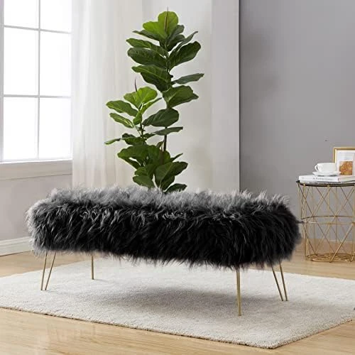 Ornavo Home Modern Contemporary Faux Fur Long Bench Ottoman Foot Rest Stool/Seat With Gold Metal Legs - 15" L X 45" W X 15" H (White) - Image 8