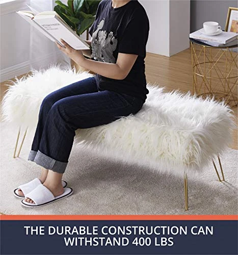 Ornavo Home Modern Contemporary Faux Fur Long Bench Ottoman Foot Rest Stool/Seat With Gold Metal Legs - 15" L X 45" W X 15" H (White) - Image 5