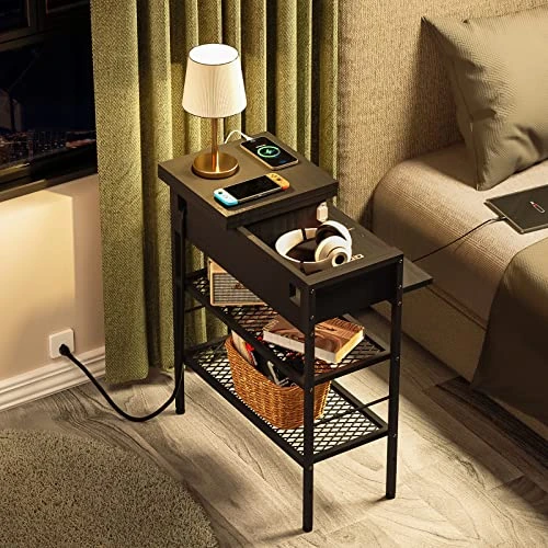 WASAGUN Narrow End Table With Charging Station, Black Nightstand With USB Ports And Outlets, Side Table Living Room Bedroom With Drawer, Skinny Bedside Table Storage Shelves For Small Spaces
