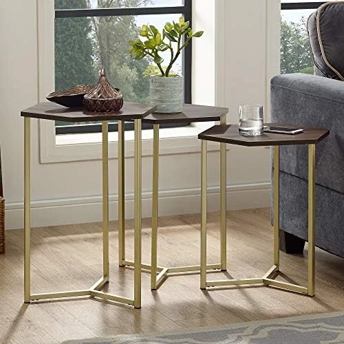 Walker Edison Modern Hexagon Nesting Side End Table Set Living Room Storage Small End Table, Set Of 3, Marble And Gold - Image 6