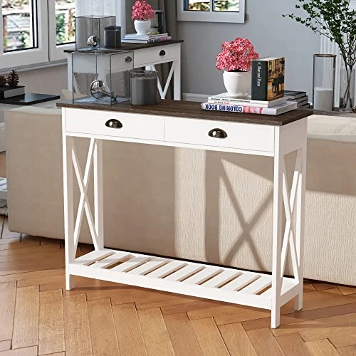 ChooChoo Farmhouse Console Table With Drawer For Entryway, Narrow Long Entry Table With Shelf For Living Room, Rustic Vintage Hallway Sofa Table With Stable X Supports, 40 White - Image 4
