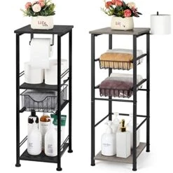 OYEAL Bathroom Floor Storage Cabinet 4 Tier Over The Toilet Storage Holder With Drawers Toilet Paper Holder Stand For Bathroom Laundry Room Entryway Kitchen Pantry, Rustic Grey