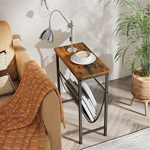 Tangkula Narrow Side Table, End Table With Magazine Holder, 19.5 X 10 X 24 Inch, Wood Look & Black Metal Frame, Skinny Rectangle Sofa End Or Side Table For Small Spaces, Industrial Nightstand(1) - Image 2