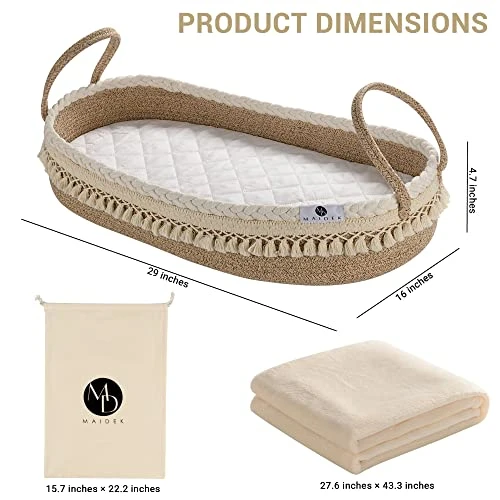 Maidek Baby Changing Basket - Handmade Woven Cotton Rope Moses Basket - Changing Table Topper With Mattress Pad, Removable Cover, Soft Blanket, Furniture - 29x16x4.7 Brown/White - Image 4