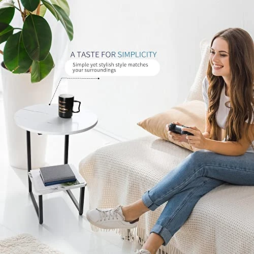 Round Side Table With White Marble Top, Small End Table For Living Room Bedroom, Modern Nightstand With Storage Shelf, Accent Table With Metal Frame, Black - Image 4