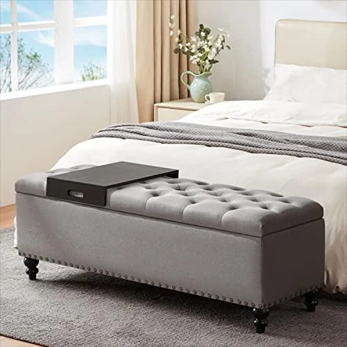 HUIMO Button-Tufted Ottoman With Storage In Upholstered Fabrics, Large Storage Bench For Bedroom, Living Room, Entryway, Storage Ottoman Bench With Safety Hinge Hold Up To 300lbs (Ivory) - Image 9