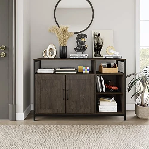 HITHOS Kitchen Buffet Cabinet, Accent Sideboard Buffet With Storage, Wood Floor Storage Cabinet With Doors And Shelves, Industrial Living Room Dining Room Furniture, Dark Brown - Image 3