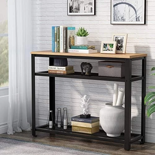 Tribesigns Console Table, Entryway Hallway Table With 2 Mesh Storage Shelves, Industrial Style, For Living Room, Corridor, Bedroom (Maple Wood) - Image 6
