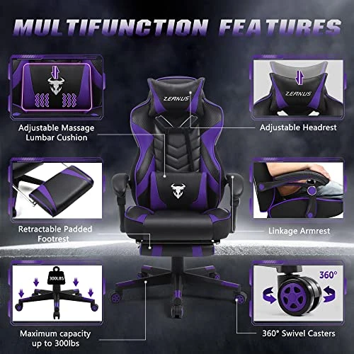 Purple Gaming Chair, Reclining Computer Chair With Footrest, High Back Gamer Chair With Massage, Large Computer Gaming Chair, Racing Style Desk Chair For Gaming, Big And Tall Gaming Chairs For Adults - Image 3