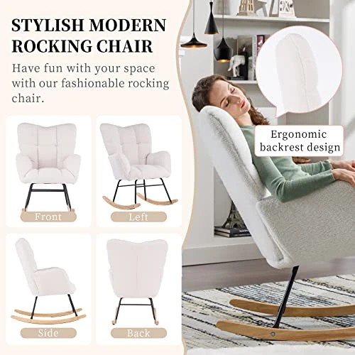 NIOIIKIT Nursery Rocking Chair Teddy Upholstered Glider Rocker Rocking Accent Chair Padded Seat With High Backrest Armchair Comfy Side Chair For Living Room Bedroom Offices (Ivory Teddy) - Image 3