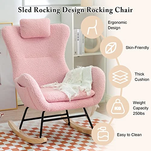 Honeyness Nursery Rocking Chair, Modern Glider Rocker With High Backrest Armchair, Comfy Teddy Upholstered Rocking Accent Chair For Living Room Bedroom Office (Pink) - Image 6