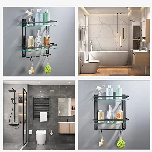 AIJALY Bathroom Glass Shelf,Aluminum Tempered Glass 0.34in Extra Thick Rectangular 2 Tier Storage Organizer Wall Mount,Black 15.7in - Image 5