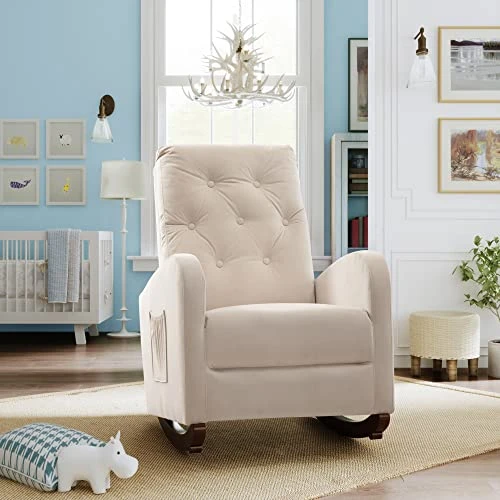 Merax Beige Modern Tufted Accent Rocking Chair, Upholstered Nursery Glider Rocker With High Backrest For Baby And Kids, Set Of 1 - Image 3
