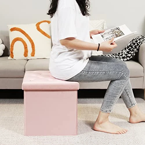 B FSOBEIIALEO Storage Ottoman Cube, Velvet Tufted Folding Ottomans With Lid, Footstool Rest Padded Seat For Bedroom (Pink, Medium) - Image 4