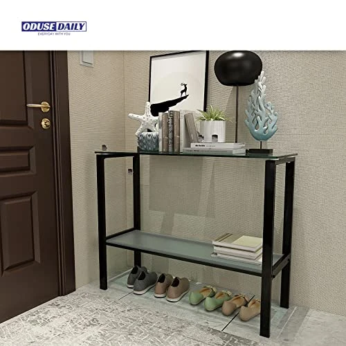 ODUSE-DAILY Glass Top Console Table For Entryway, Skinny Sofa Table, Narrow Entry Table With Black Legs, Glass Entryway Table - Image 3