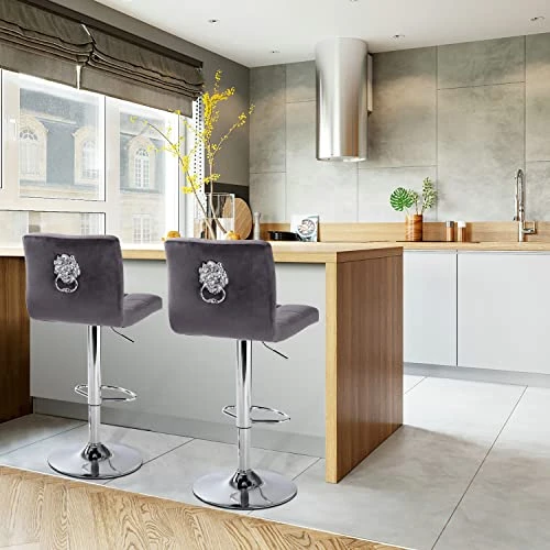 Finnhomy Bar Stools Set Of 2 Counter Height, Swivel Barstools With Footrest And L Shape Thicken Cushion Back Handle, Height Adjustable Modern Bar Stools For Kitchen, Velvet Fabric, Dark Grey - Image 2