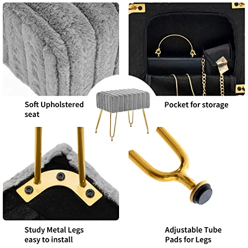 Fefances Large Vanity Stool Chair For Makeup Room Modern Faux Fur Square Ottoman Comfortable Footrest Stool With V Gold Legs Grey - Image 2
