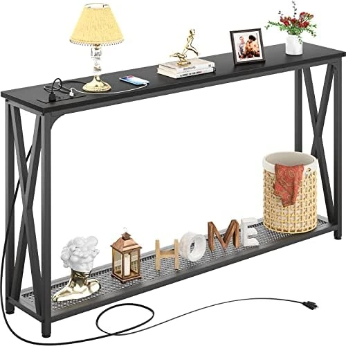 Karcog Narrow Console Table With Recessed Power Strip, 47 Inch Sofa Entry Table With 2 AC Outlets & 2 USB Ports, Industrial Farmhouse Style Accent Hallway Table For Living Room, Black - Image 7