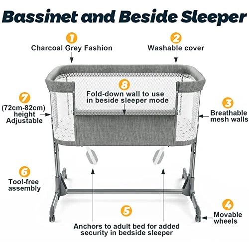 VANCLE Baby Bassinet Bedside Crib For Baby Sleeper, Portable Mesh Bassinet With Wheels & Comfy Mattress, Height Adjustable Baby Bed For Infants & Newborn Baby Boy & Girl (Light Grey) - Image 4