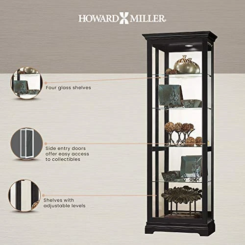 Howard Miller Brantley II Curio Cabinet 680-672 β Black Satin Finish, Vertical Home Decor, Four Glass Shelves, Five Level Display Case, No Reach Light, Sliding Doors - Image 4