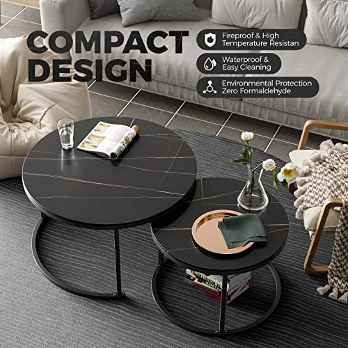Round Nesting Coffee Table Set Of 2 Modern Living Room Nesting Table With Sintered Stone Top & Sturdy Metal Frame,Anti-Scratch/Temperature Resistance - Image 2