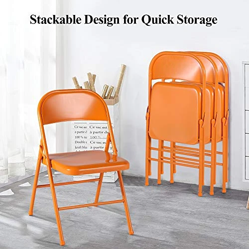 VECELO Metal Frame Steel Folding Mounted Chairs With Triple Braced & Double Hinged Back For Home Office,350-Pound Capacity,Orange, Pack Of 4 - Image 4