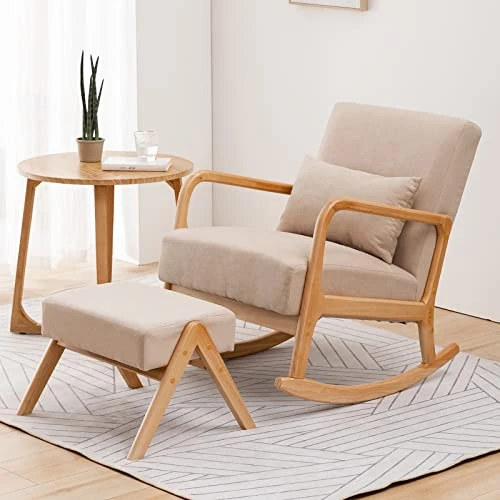 Icoget Rocking Chair Nursery With Ottoman And, Accent Living Room Chair, Glider Chair W/Solid Woods Base, Comfortable Thickened Upholstered Lounge Chair, Modern Rocker Armchair, Beige - Image 5
