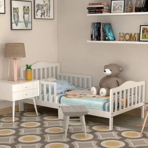 HONEY JOY Toddler Bed Frame, Solid Rubber Wood Frame W/Safety Guardrail, Fits Crib Full Size Mattress (Not Included), Children Classic Sleeping Bedroom Furniture For Kids Boys Girls(Brown) - Image 10