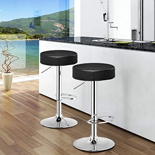 COSTWAY Bar Stool, Modern Swivel Backless Round Barstool, PU Leather Armless Bar Chair With Height Adjustable, Chrome Footrest, Sturdy Metal Frame For Kitchen Dining Living Bistro Pub (Black, 1 Pc)
