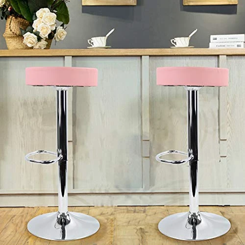 KKTONER Round Bar Stool PU Leather With Footrest Height Adjustable Swivel Pub Chair Home Kitchen Bar Stools Backless Stool (Pink) - Image 2