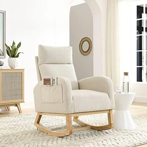 JEEOHEY Nursery Rocking Chair, Modern Upholstered Teddy Fabric Rocker Glider Chairs Single Sofa Chair With Solid Wood Legs, Side Pockets, White - Image 6